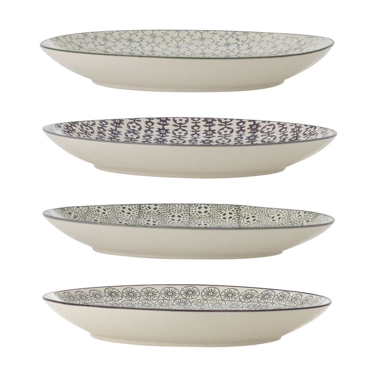 Karine stoneware dinner plates in four assorted patterned designs with cream rims, shown stacked on a white background.
