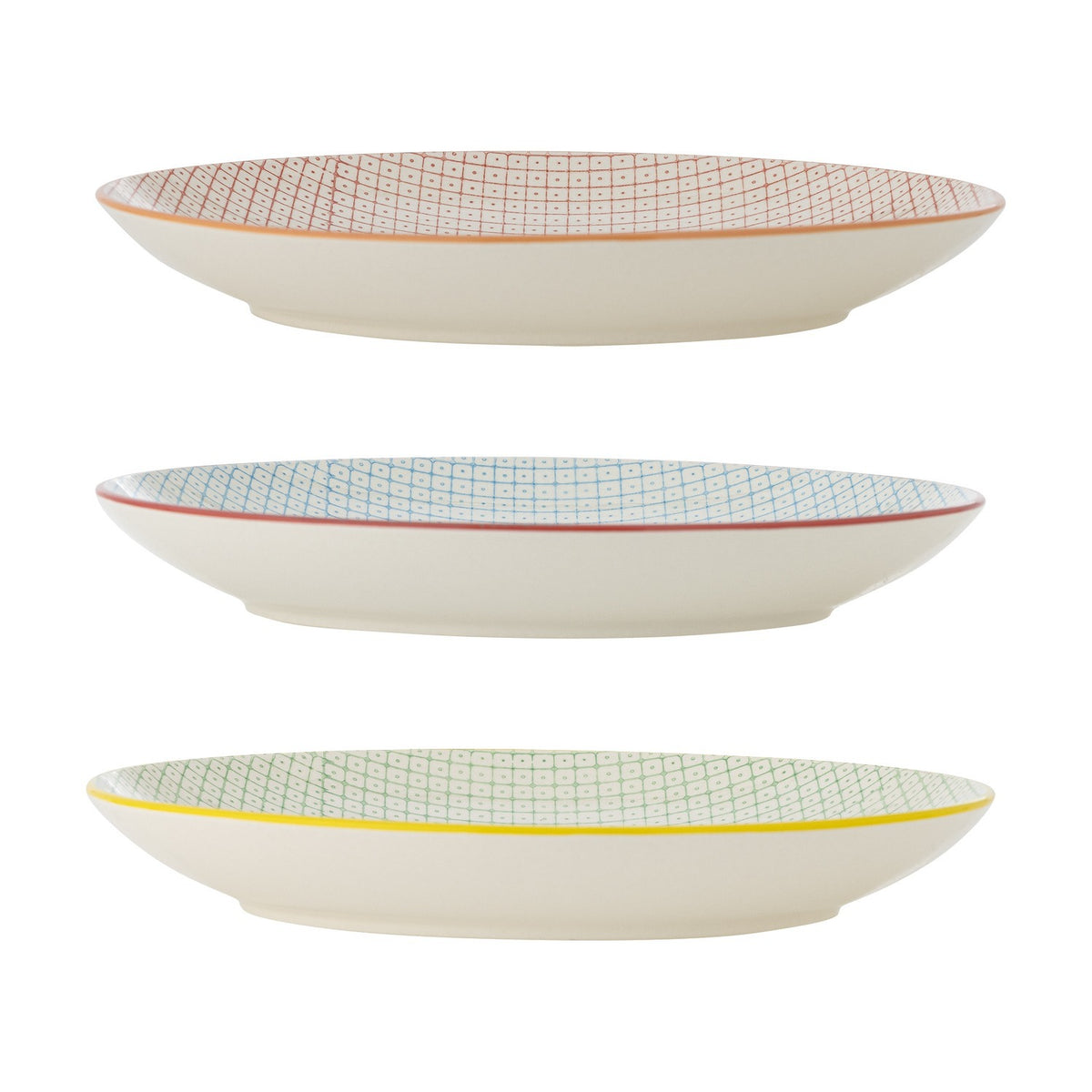 Carla ceramic dinner plates in three assorted designs, each with a fine dotted grid pattern and coloured rim in orange, red, or yellow, shown side-on against a white background.