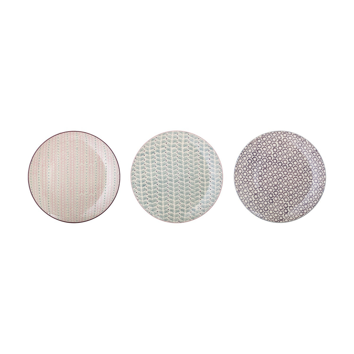 Maya Dinner Plate, 28cm stoneware, three assorted patterned designs in pink, mint, and grey tones, shown on a plain white background.