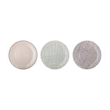 Maya Dinner Plate, 28cm stoneware, three assorted patterned designs in pink, mint, and grey tones, shown on a plain white background.