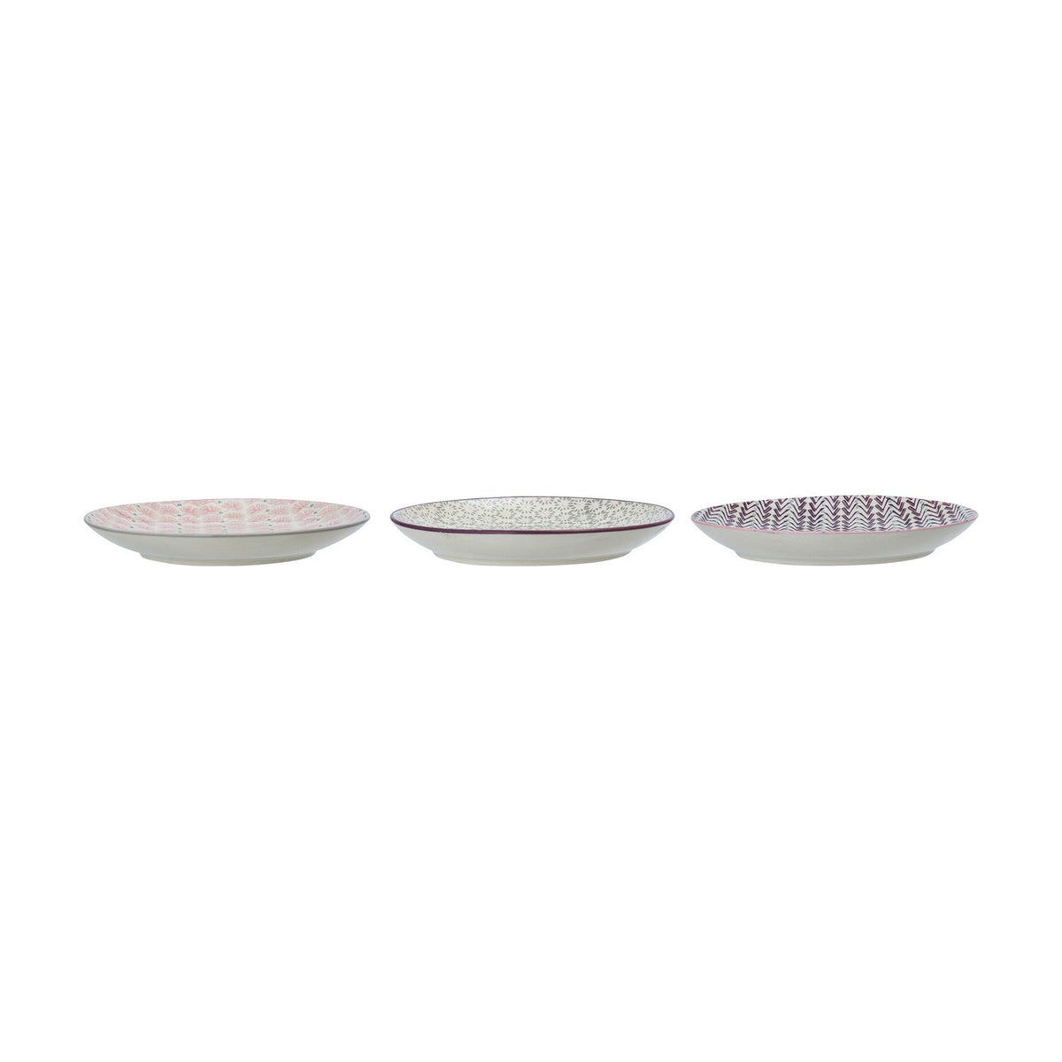 Three Maya ceramic side plates with low raised edges, each in a different multicoloured floral pattern, shown side by side on a white background.