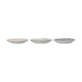Three Maya ceramic side plates with low raised edges, each in a different multicoloured floral pattern, shown side by side on a white background.