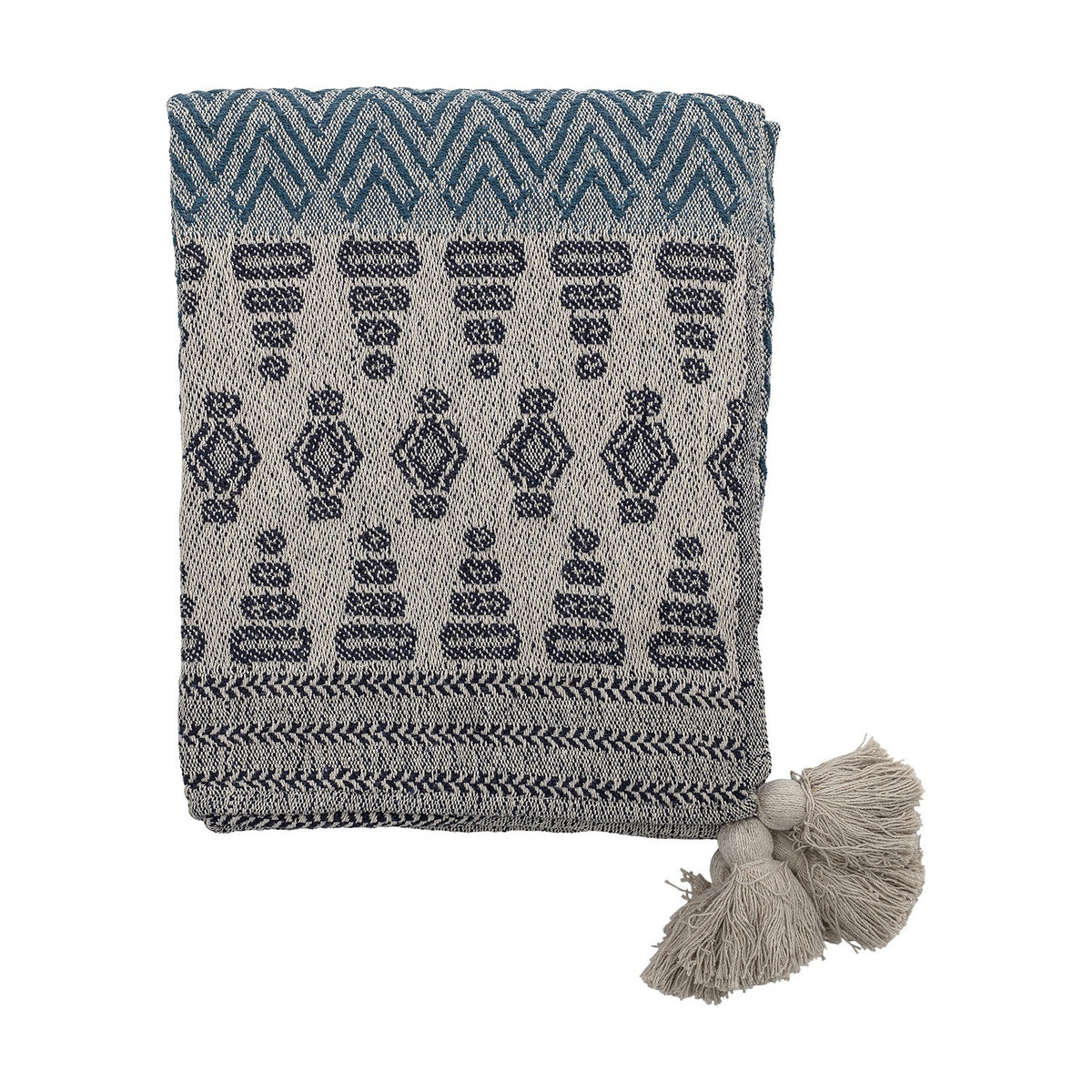 Milas Cotton Throw in blue, folded on a white background, showing woven zigzag, stacked bar and diamond motifs with striped edging and tassel corners.