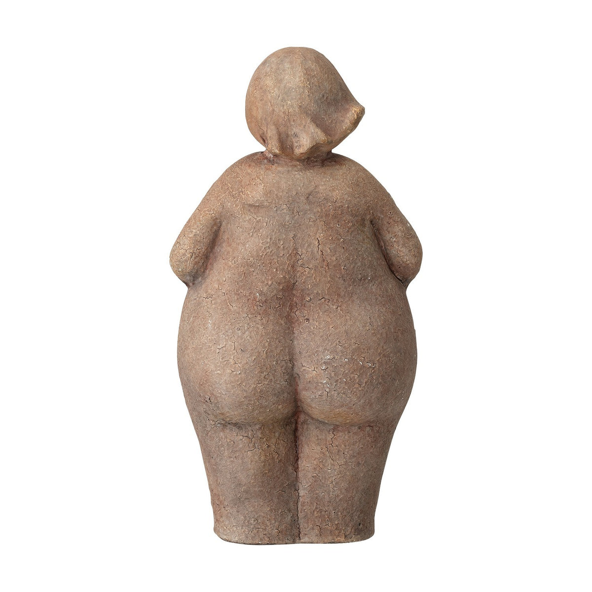 Sidsel Terracotta Ornament in brown shows the rounded standing figure from behind, with curved hips, side-swept short hair, and a textured matte finish on a plain white background.