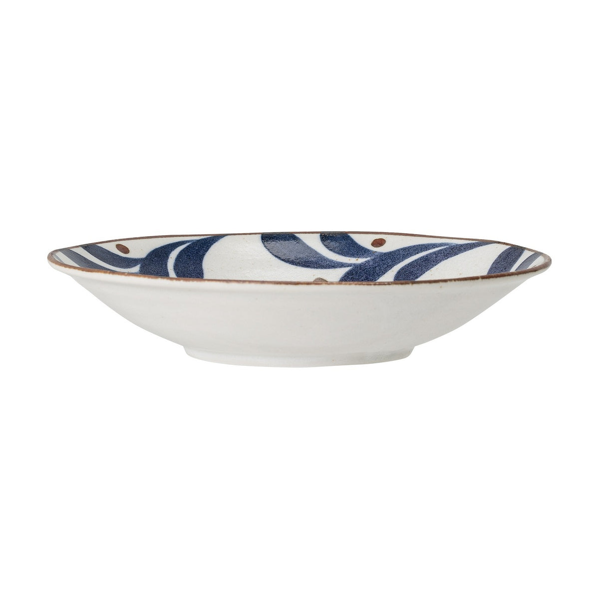 Camellia Porcelain Deep Plate 22cm in Blue, side view showing white ceramic with hand-painted blue leaf motifs and dot accents along the rim, on a plain white background.