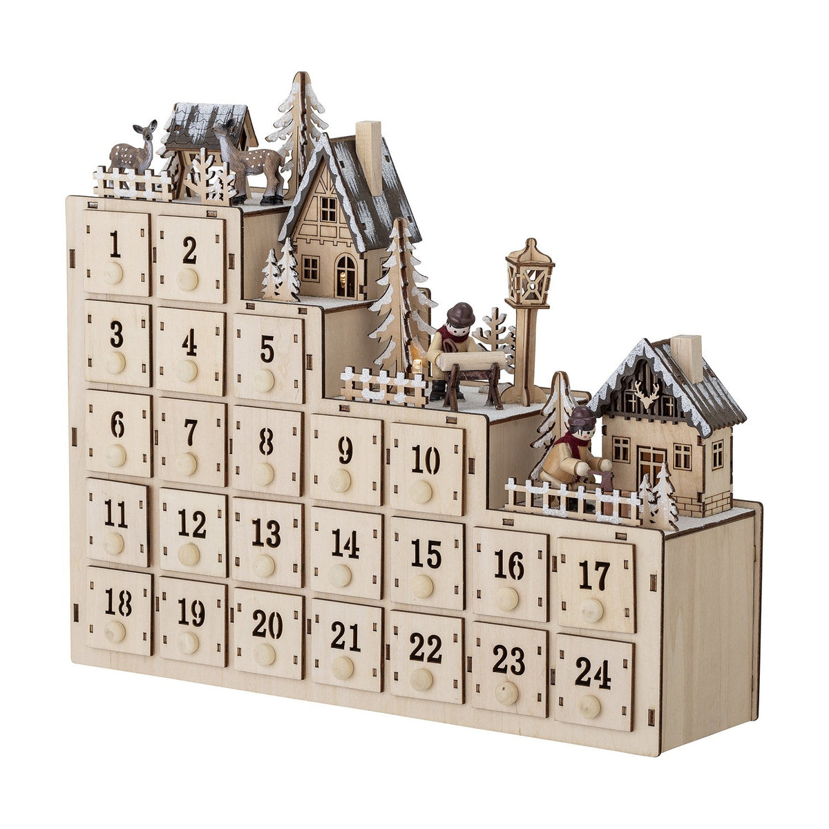 Richie Wooden Advent Calendar with Light in natural plywood, featuring 24 numbered drawers beneath a winter village scene with houses, fir trees, and deer.