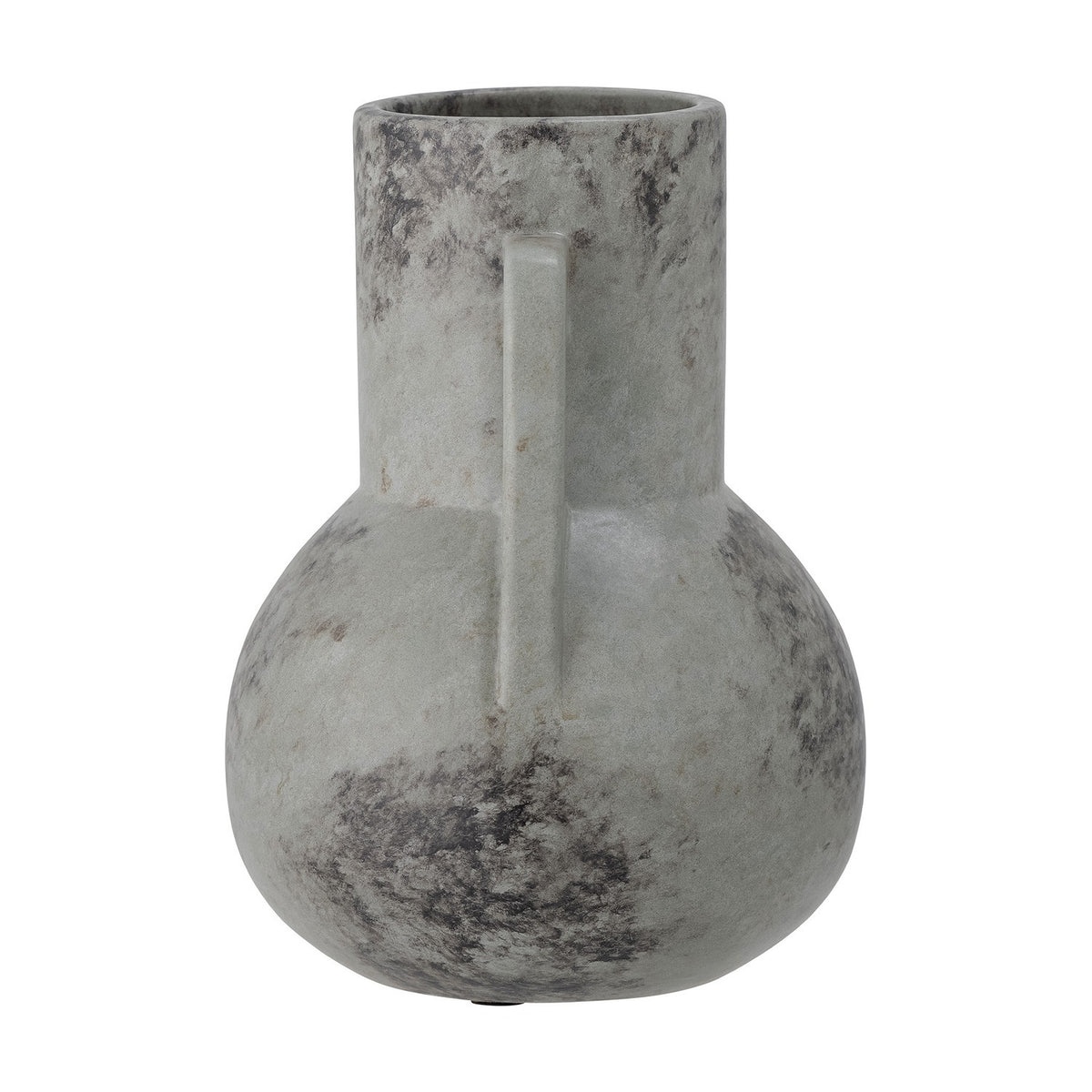 Tias Ceramic Vase 23cm in Grey, with a round body, tall straight neck, flat side handle, and mottled grey finish, shown on a plain white background.