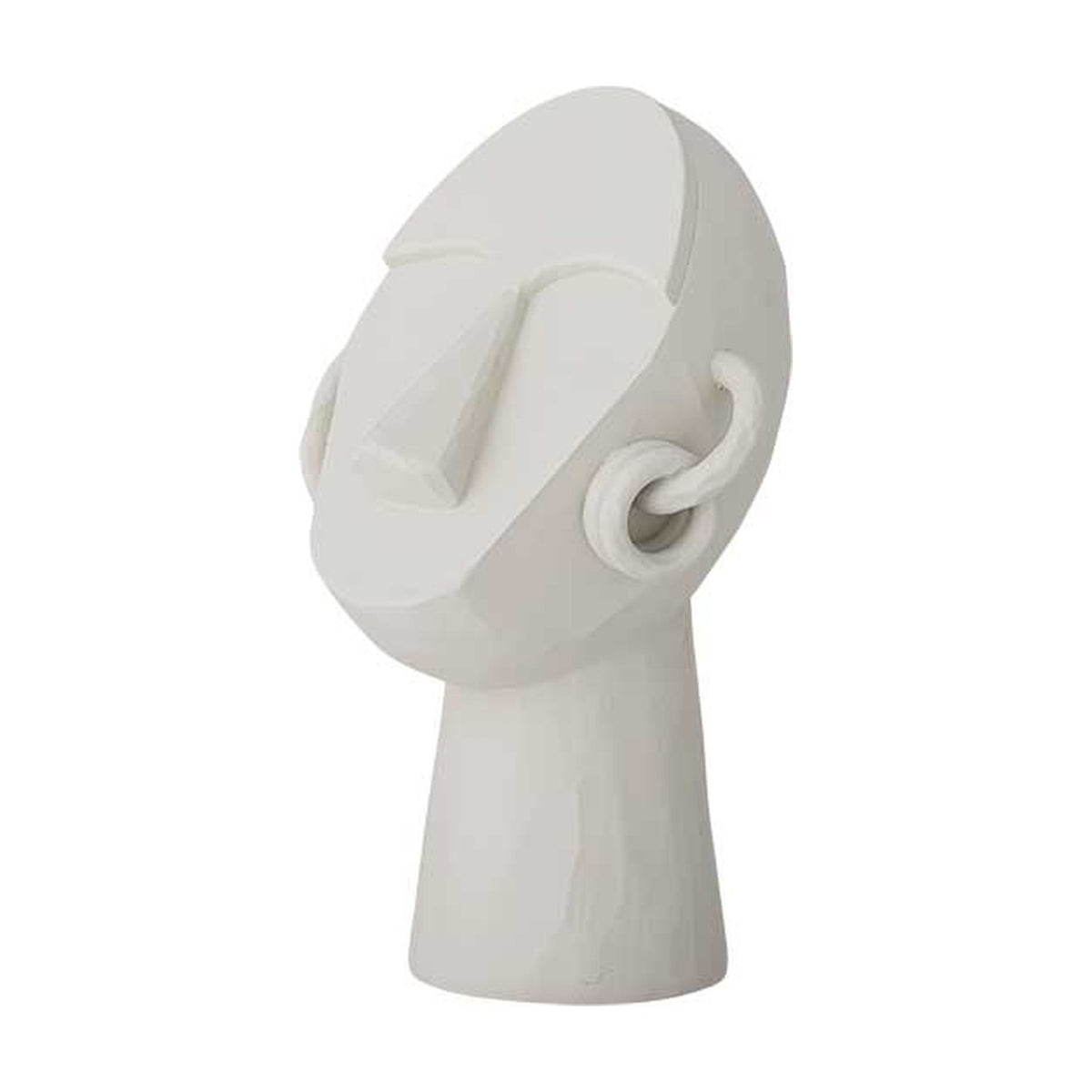 Luelle Resin Ornament in white: a sculpted abstract head with strong brow, long nose, no mouth, coiled hoop earrings, and a tall tapered neck, shown on a plain white background.