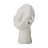 Luelle Resin Ornament in white: a sculpted abstract head with strong brow, long nose, no mouth, coiled hoop earrings, and a tall tapered neck, shown on a plain white background.