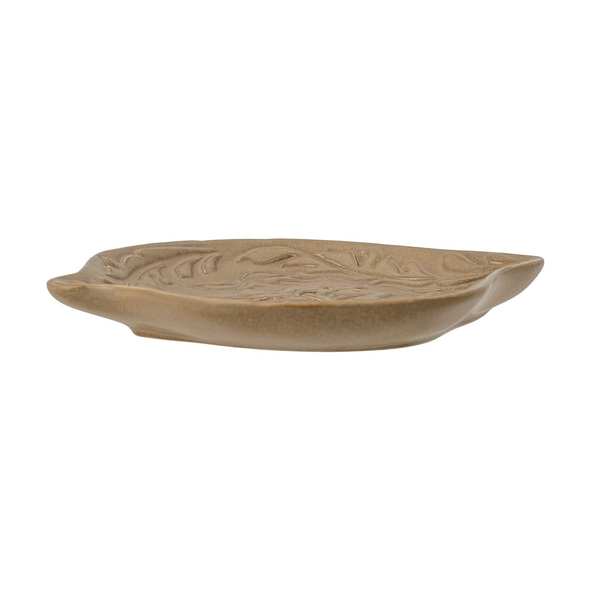 Lizz Floral Stoneware Bowl 18x16cm in brown, shallow leaf-shaped dish with raised floral motif, shown side-on against a plain white background.
