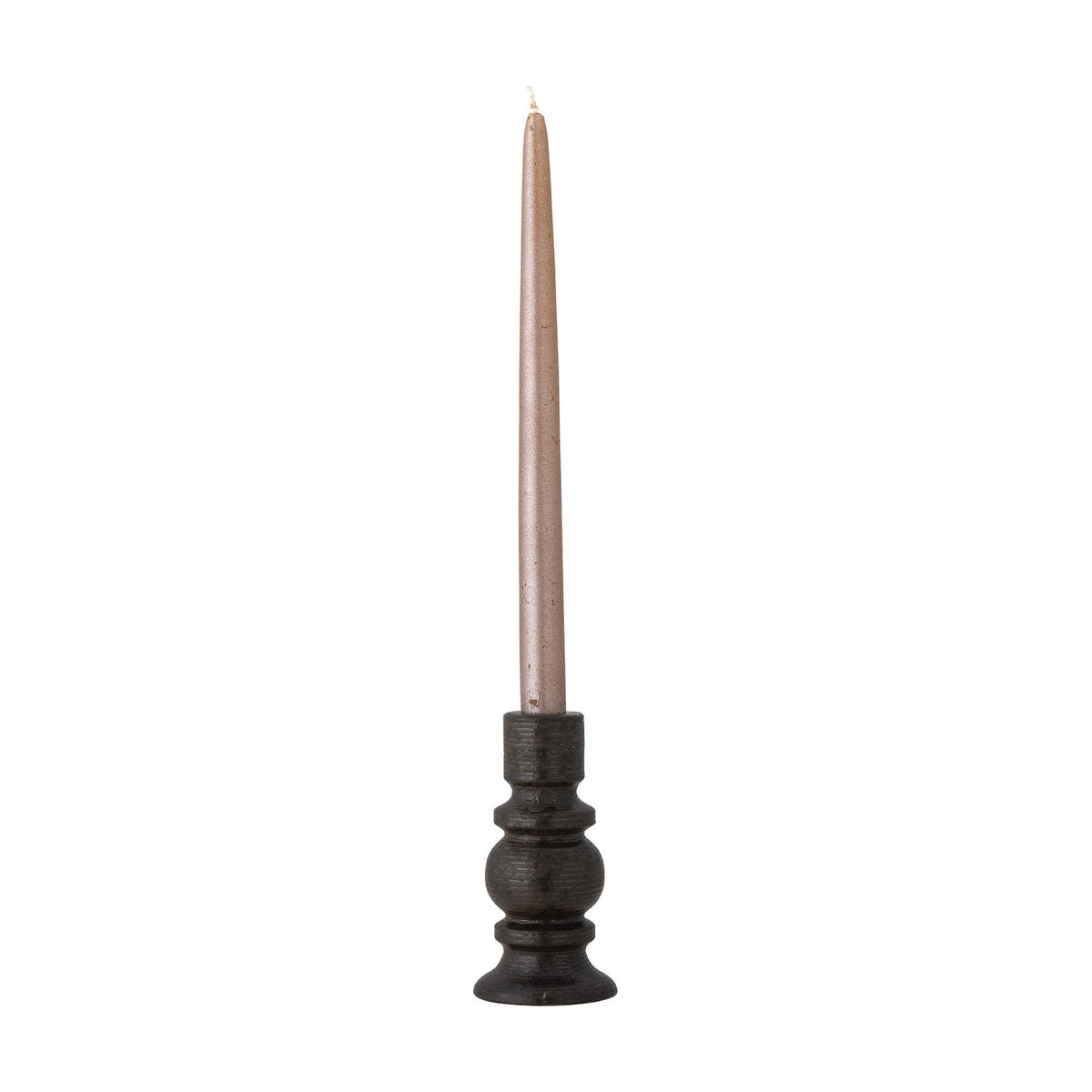 Hui stoneware candle holder in black with a turned profile, stacked rings, rounded centre and flared foot, holding a tall taper candle against a white background.