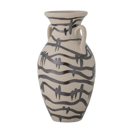 Ohana Stoneware Vase 31cm in Beige, an amphora-shaped ceramic vase with flared rim, narrow neck and twin handles, featuring dark wavy banding on a matt speckled surface, shown on white.