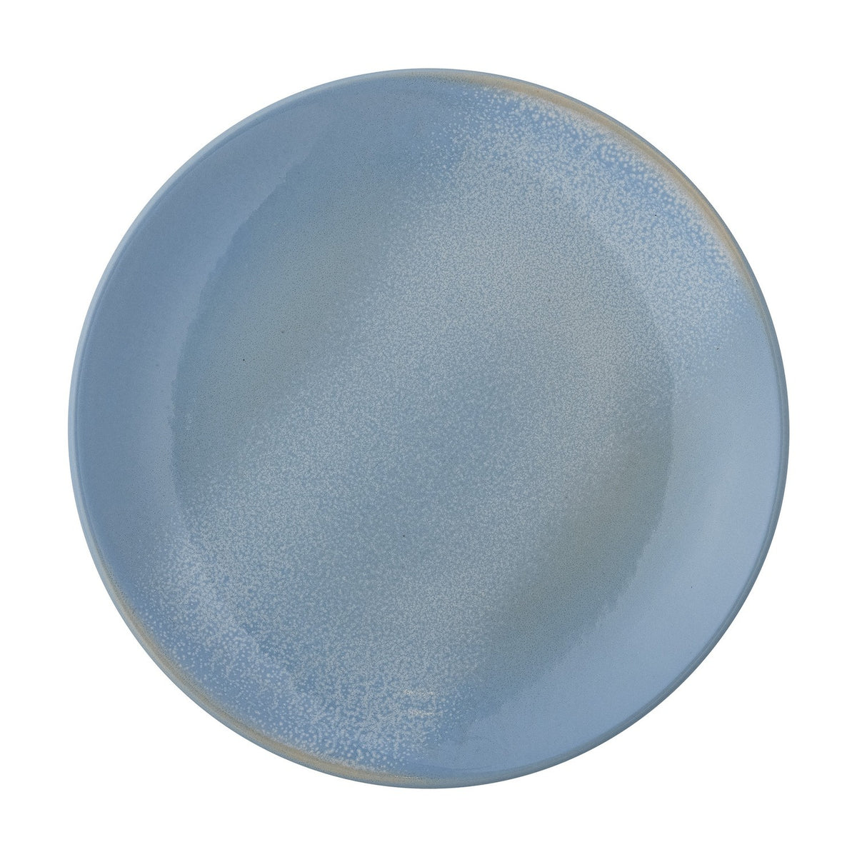 Safie Speckled Stoneware Plate in blue, round with a soft low-curved edge and a frosted speckled glaze that thickens on one side, shown on a plain white background.
