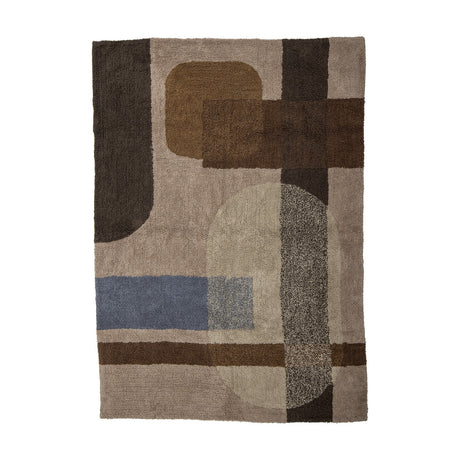 Zofia Geometric Cotton Rug 200x140cm in beige, tufted with a shaggy pile featuring overlapping blocks, rounded shapes and bands in brown, grey and blue tones, shown on a plain white background.