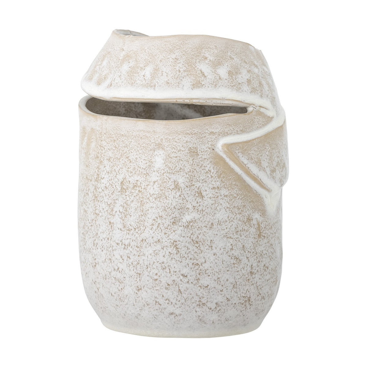 Abeera Stoneware Vase 20cm in beige, with a folded, overlapping clay-like rim forming a slim side opening, textured rustic finish, shown on a plain white background.