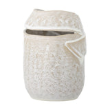 Abeera Stoneware Vase 20cm in beige, with a folded, overlapping clay-like rim forming a slim side opening, textured rustic finish, shown on a plain white background.