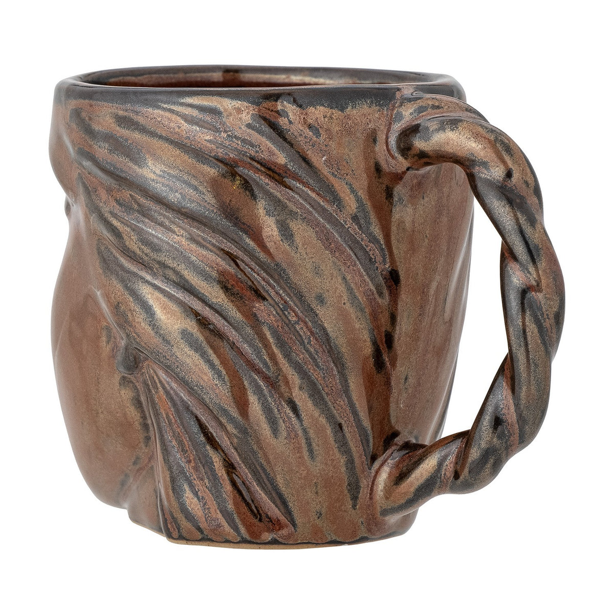 Reeha Stoneware Mug in brown, 310ml, with a sculpted face design and a twisted plait-style handle, shown on a plain white background.