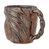 Reeha Stoneware Mug in brown, 310ml, with a sculpted face design and a twisted plait-style handle, shown on a plain white background.