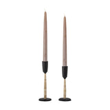 Kesha Iron Candle Holders Set of 2 in black, two heights with narrow cups on spiral-wrapped stems and round flat bases, shown with taper candles on a white background.