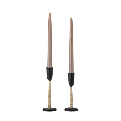 Kesha Iron Candle Holders Set of 2 in black, two heights with narrow cups on spiral-wrapped stems and round flat bases, shown with taper candles on a white background.