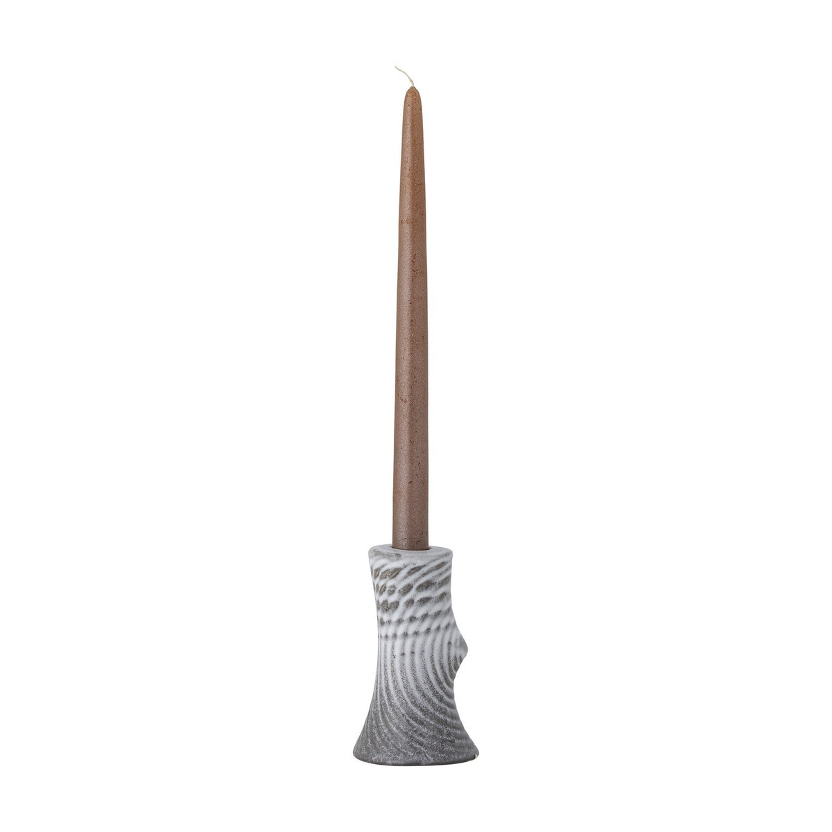 Raheem Stoneware Candle Holder in grey, 13cm tall with a branch-like, ridged textured body holding a tall brown taper candle, shown against a plain white background.