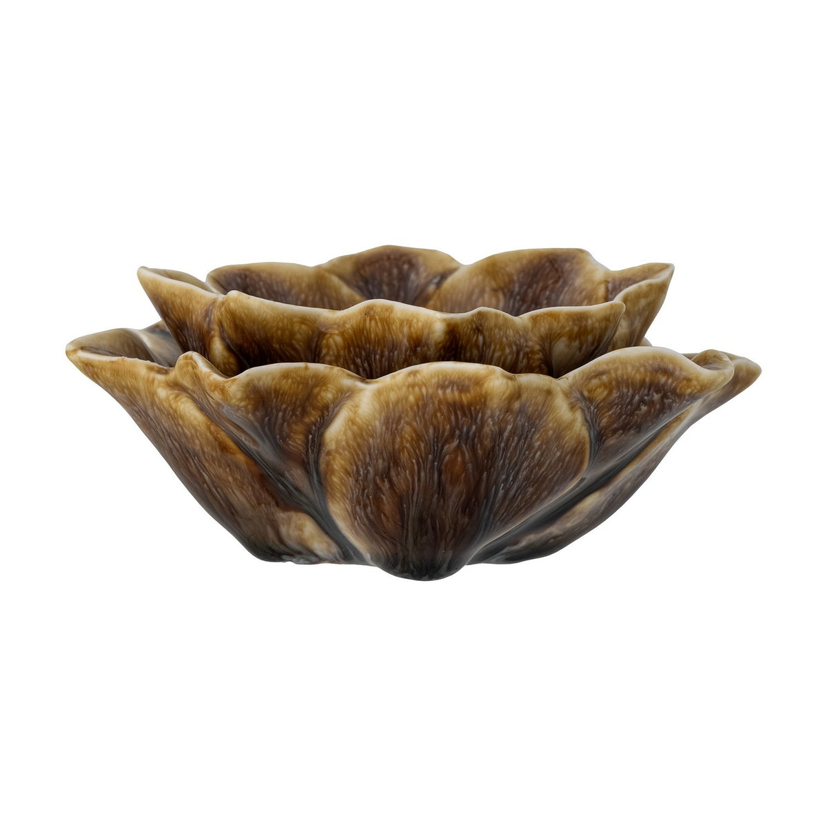 Dinah Flower Stoneware Tealight Holder in brown, shaped as a layered bloom with two tiers of pointed petals around a central well, on a plain white background.