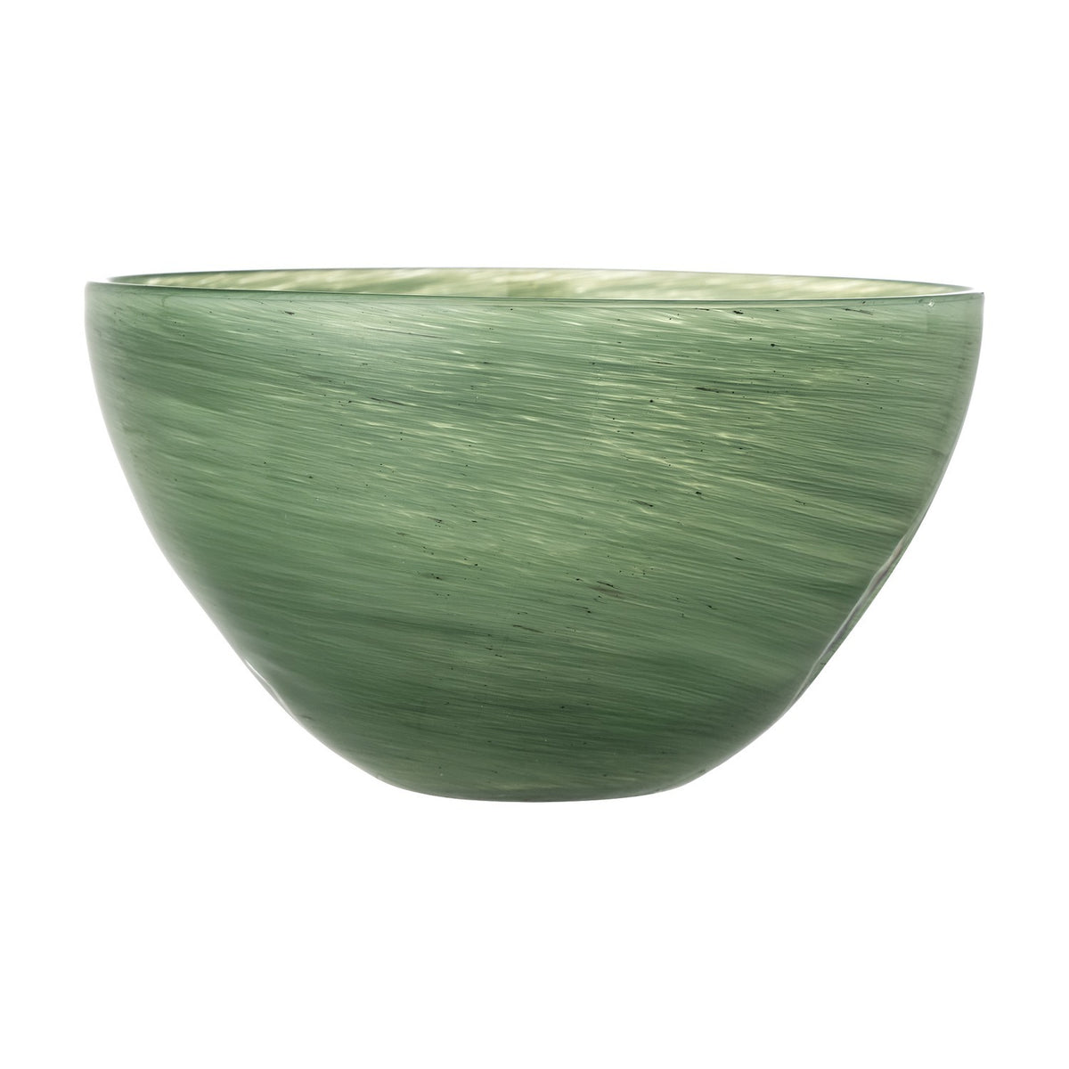 Esmaralda Glass Bowl 25cm in Green, a deep round decorative bowl with swirled streaked texture and a thin wide rim, shown on a plain white background.