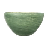 Esmaralda Glass Bowl 25cm in Green, a deep round decorative bowl with swirled streaked texture and a thin wide rim, shown on a plain white background.