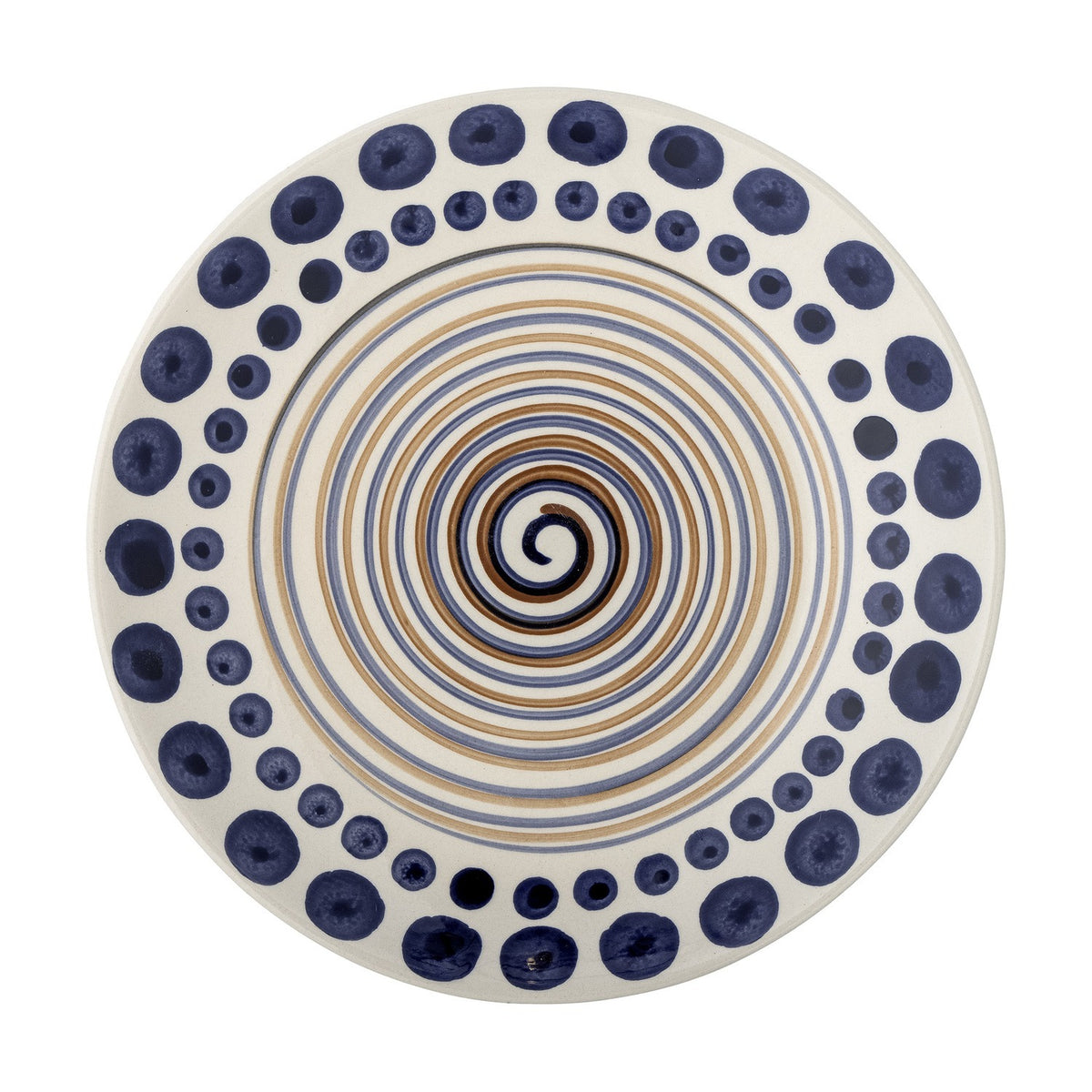 Shama Dotted Stoneware Dinner Plate in multicoloured ceramic, wide white rim with navy dot ring, centre painted with a blue and tan spiral, on a plain white background.