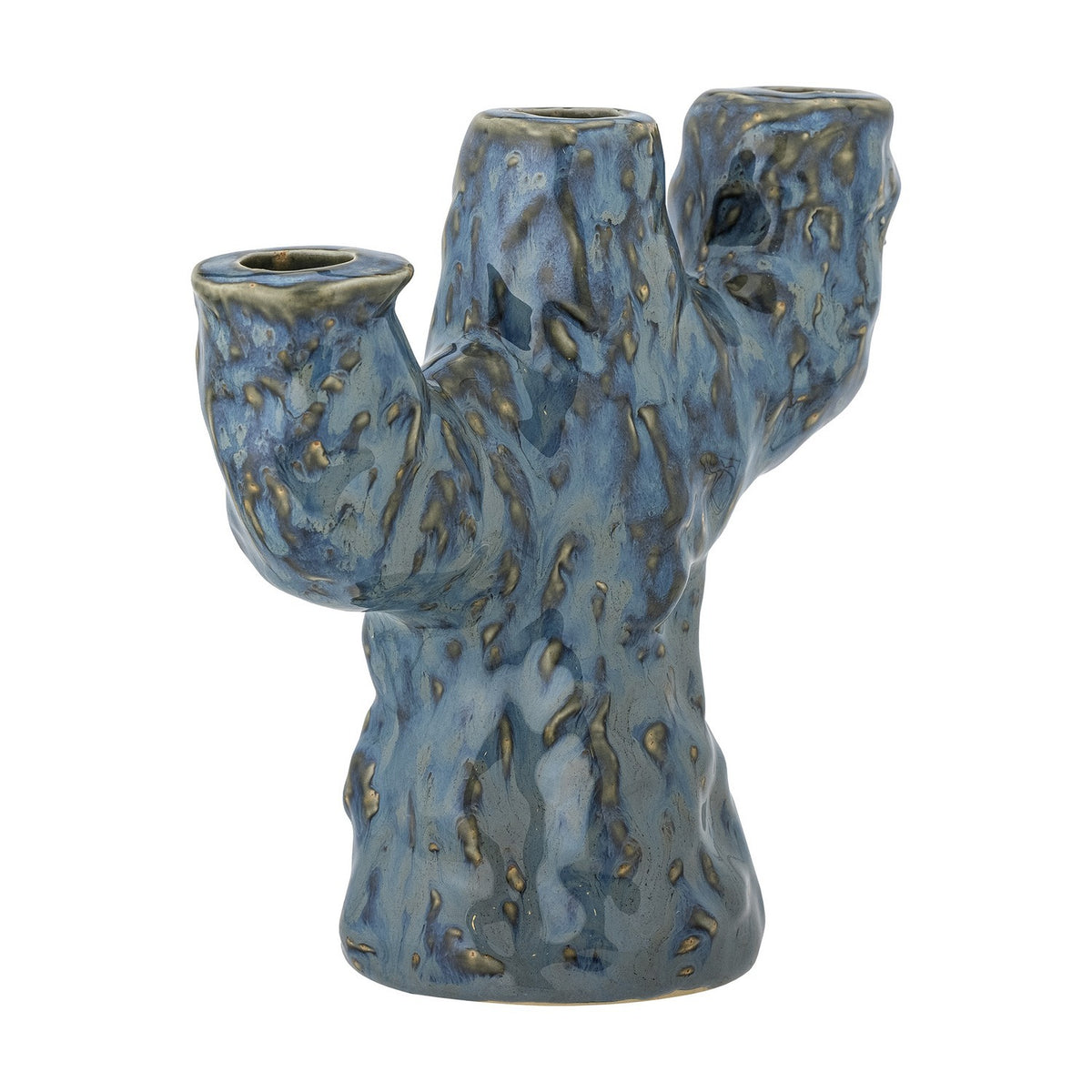 Tahoka Stoneware Candle Holder in blue with a textured, tree-like branching form and three uneven candle sockets, shown on a plain white background.