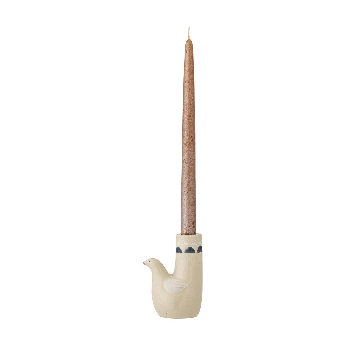 Trudy Bird Stoneware Candle Holder in cream, shaped like a bird with painted wing and beak detail, holding a tall tapered candle, on a plain white background.