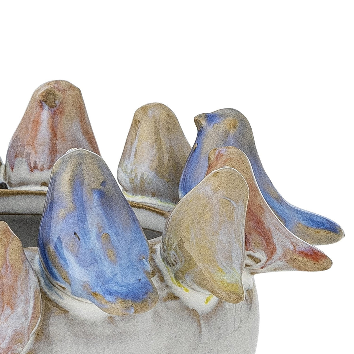 Eanna Stoneware Plant Pot in multicoloured ceramic, close-up of hand-painted birds in blue, tan and pink perched around the rim, shown against a plain white background.