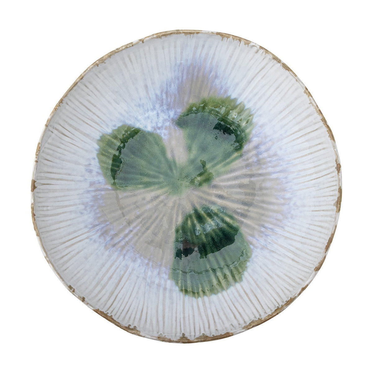 Mati Fluted Stoneware Bowl 29cm in white, a wide shallow dish with ribbed fluting radiating to an uneven rim and a green floral glaze pattern at the centre, shown on a plain white background.