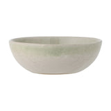 Paula Stoneware Bowl 16cm in cream, round shallow ceramic bowl with reactive glaze forming a soft green band below the rim, shown on a plain white background.