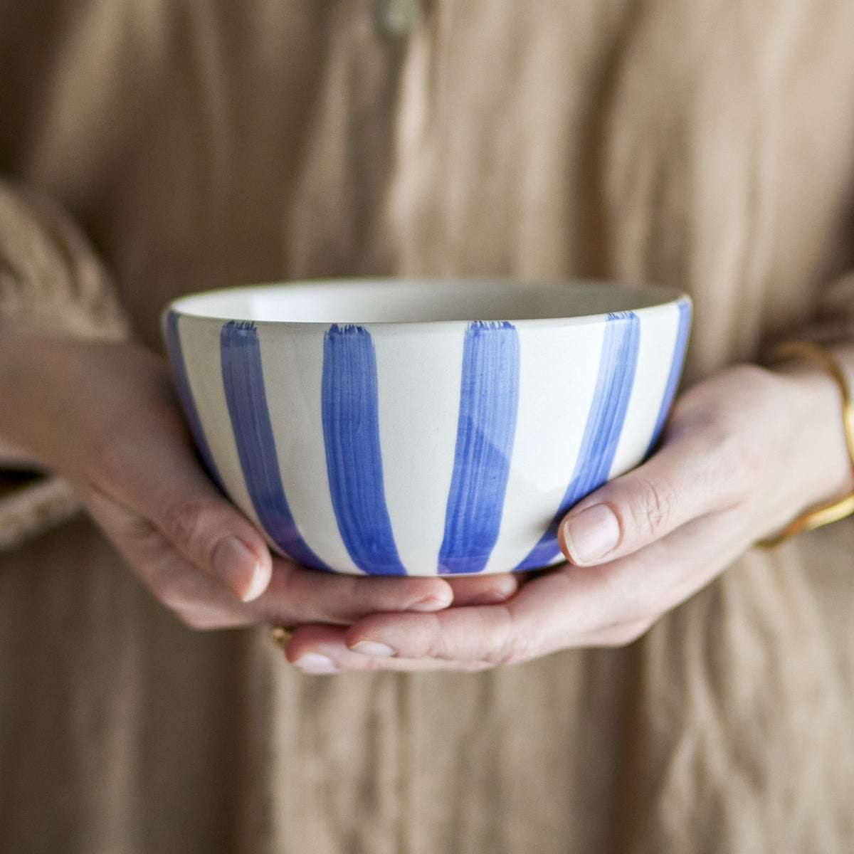 Begonia Striped Stoneware Bowl 14cm - Blue