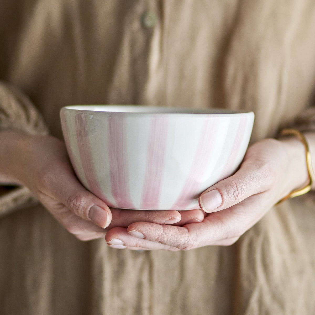 Begonia Striped Stoneware Bowl 14cm - Pink