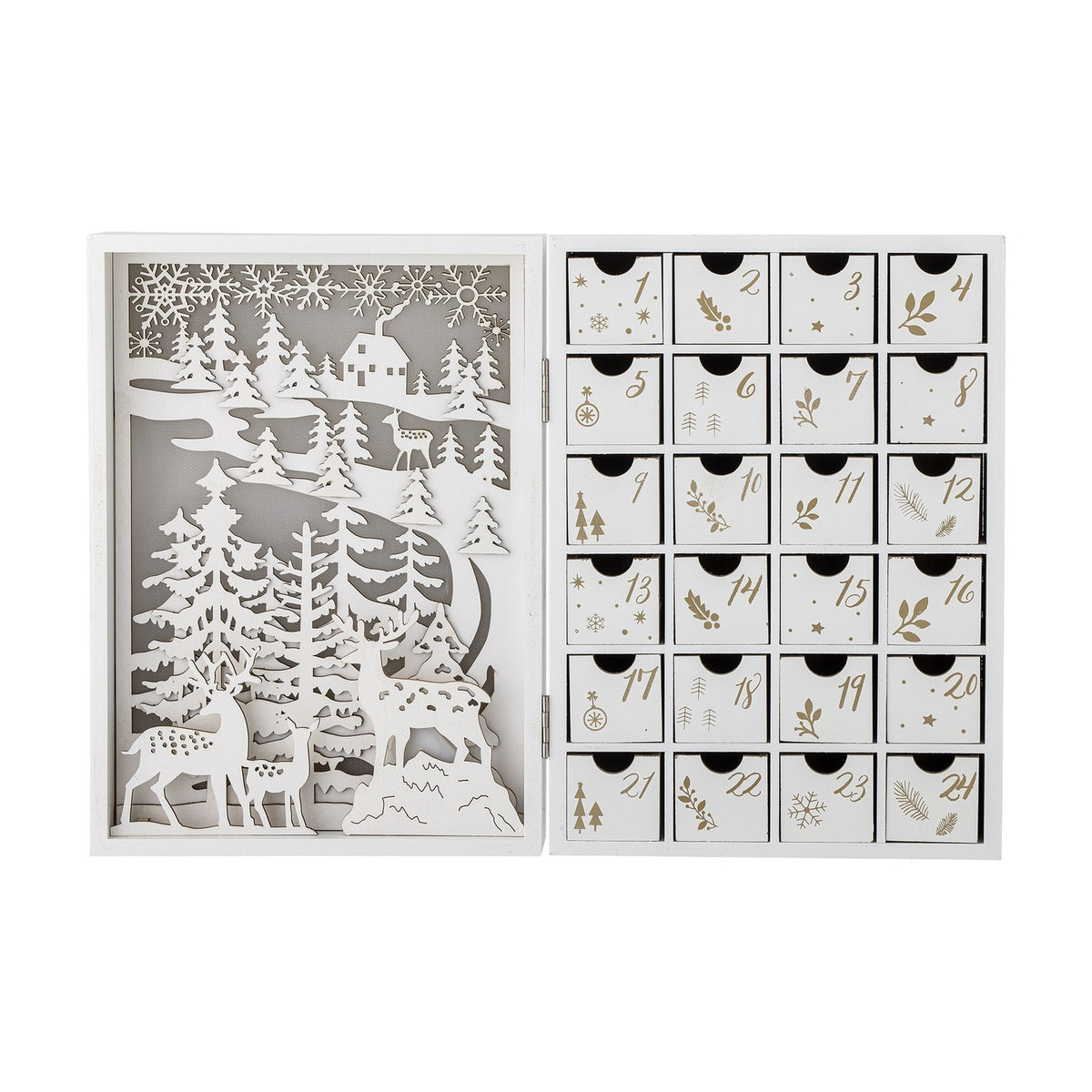 Elimar Wooden Advent Calendar in white, open book-style design with a cut-out winter forest and reindeer scene on one side and 24 numbered gold-detailed drawers on the other.