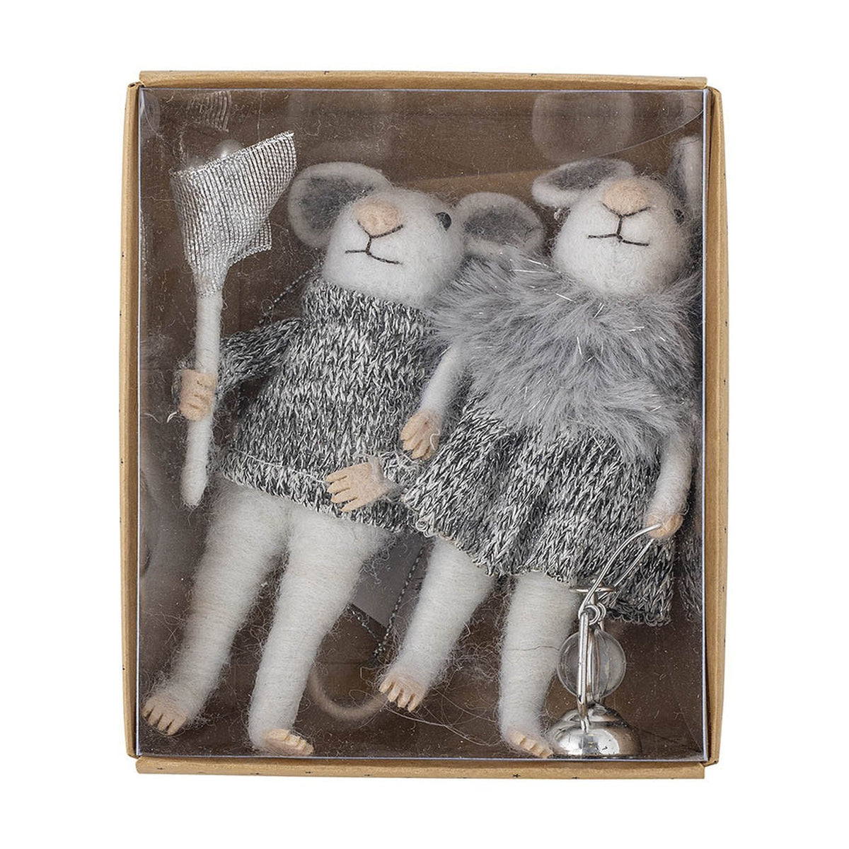 Peo Wool Christmas Tree Decorations, set of two grey felted mice figures in knitted jumper and fluffy stole, one holding a net and the other a small lantern, shown in retail packaging.