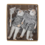 Peo Wool Christmas Tree Decorations, set of two grey felted mice figures in knitted jumper and fluffy stole, one holding a net and the other a small lantern, shown in retail packaging.