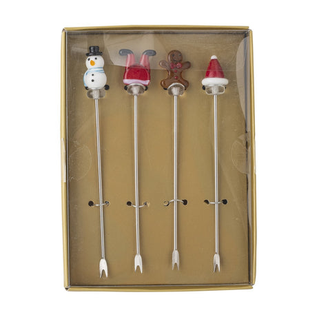 Misa Glass-Handled Christmas Cocktail Forks Set of 4 - Multi