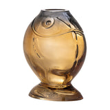 Varga Fish Glass Vase, 16cm, amber glass shaped like a fish with a rounded belly, raised eye, curved gill line, and flared foot, shown on a plain white background.