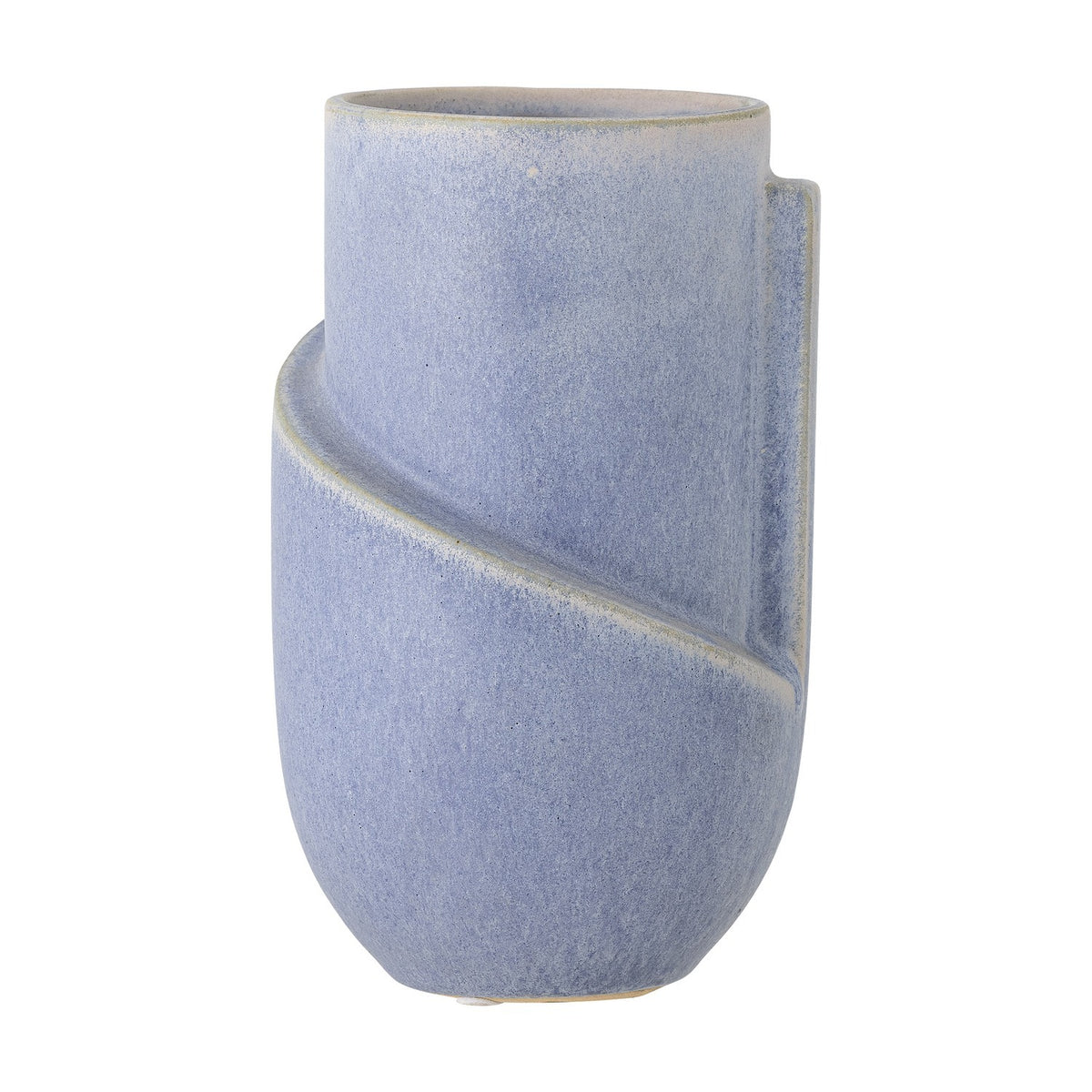 Norbert Stoneware Vase 18.5cm in mottled blue, a sculpted cylindrical ceramic form with a diagonal raised band and vertical ridge to the rim, shown against a plain white background.