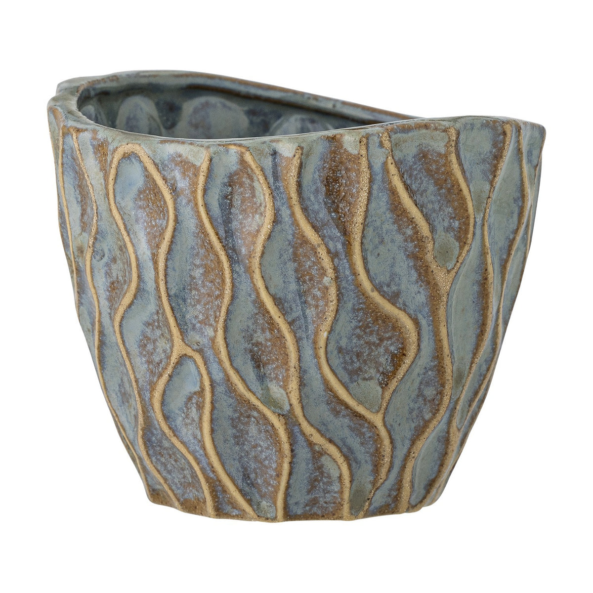 Feren Stoneware Plant Pot in blue, a small ceramic planter with wavy raised lines and speckled glaze finish, uneven rim, shown on a plain white background.