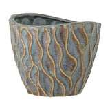 Feren Stoneware Plant Pot in blue, a small ceramic planter with wavy raised lines and speckled glaze finish, uneven rim, shown on a plain white background.