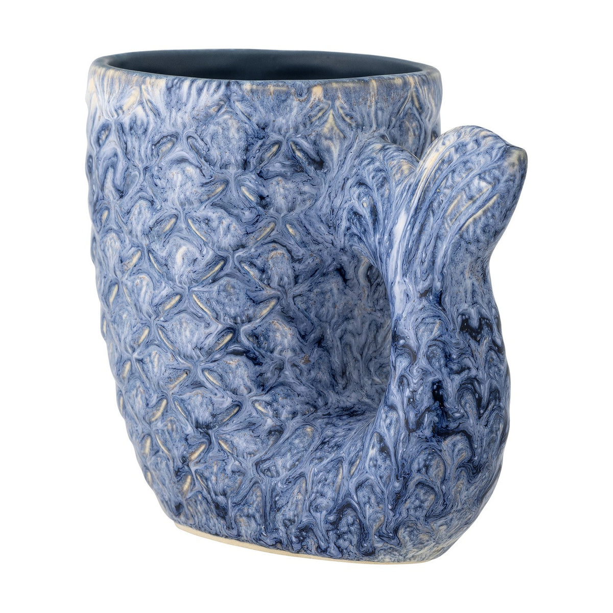 Ariella Stoneware Vase 12cm in blue, a small textured scale-patterned vessel with a curling tail-shaped handle, shown on a plain white background.