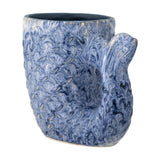 Ariella Stoneware Vase 12cm in blue, a small textured scale-patterned vessel with a curling tail-shaped handle, shown on a plain white background.