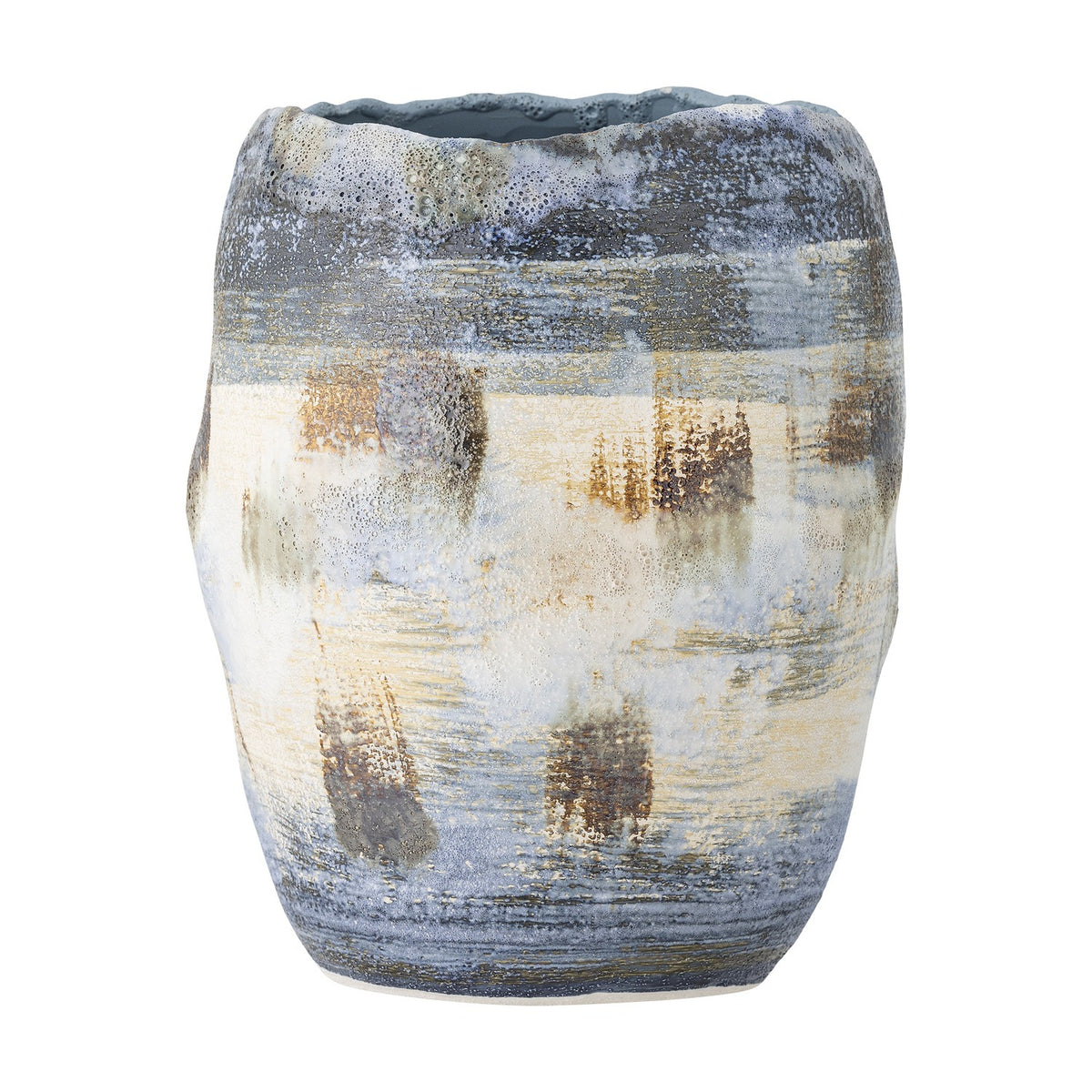 Nienna Stoneware Vase 31cm in Blue, a tall uneven-rim ceramic vase with a mottled glaze in blue, cream, and gold tones, shown on a plain white background.