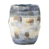 Nienna Stoneware Vase 31cm in Blue, a tall uneven-rim ceramic vase with a mottled glaze in blue, cream, and gold tones, shown on a plain white background.