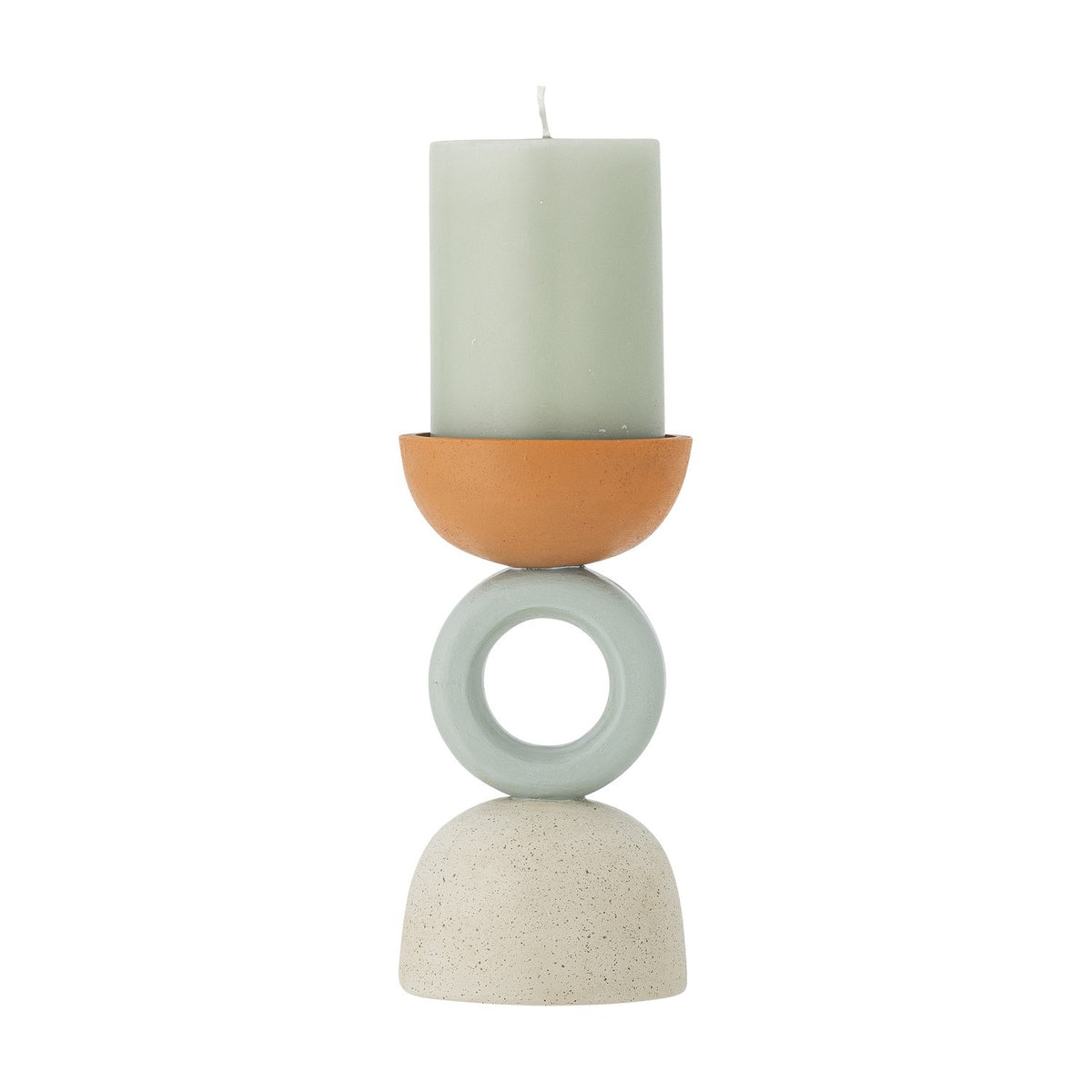 Loretta Speckled Resin Tealight Holder in multicoloured finish, with a terracotta bowl, sage ring, and speckled dome base holding a pillar candle, shown on a white background.
