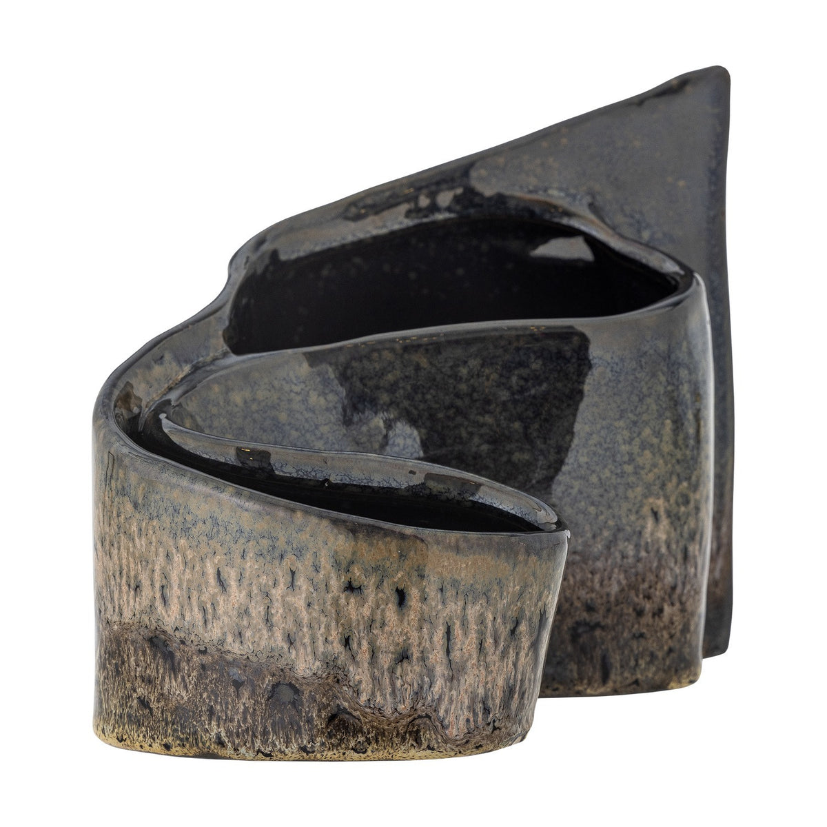 Phil Stoneware Ornament in brown, a curling ribbon-form ceramic sculpture with a tall slanting peak and open hollow base, glossy dark-to-brown glaze, shown on a white background.